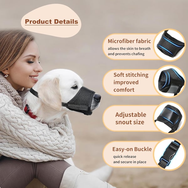 Hundmunstycke, Mjukt nylon Anti Biting Skällande Tuggande, Luftnät Mesh Drickbar Justerbar Slinga Husdjur Munstycke, 4 färger 6 storlekar, Svart, XXL