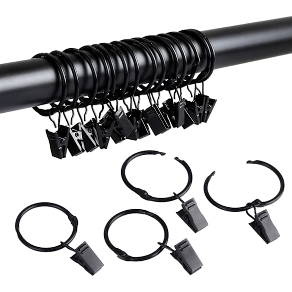 Gardinstångsringar i metall med klämmor, 20-pack, svart 38 mm Sort