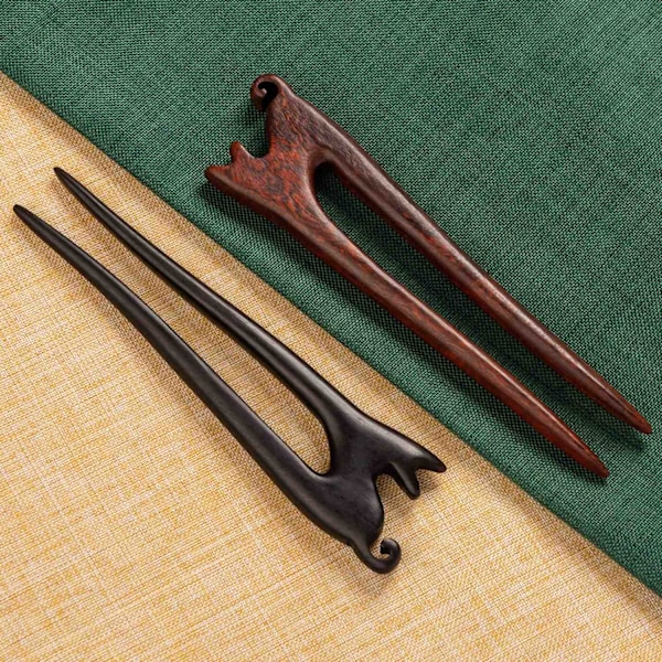 2 st Trä Franska Hårgafflar Handgjorda i Ebenholts och Sandelträ, U-formade Hårnålar med Antik Stil och Högkvalitativa Hårnålar för Hanfu Set 1