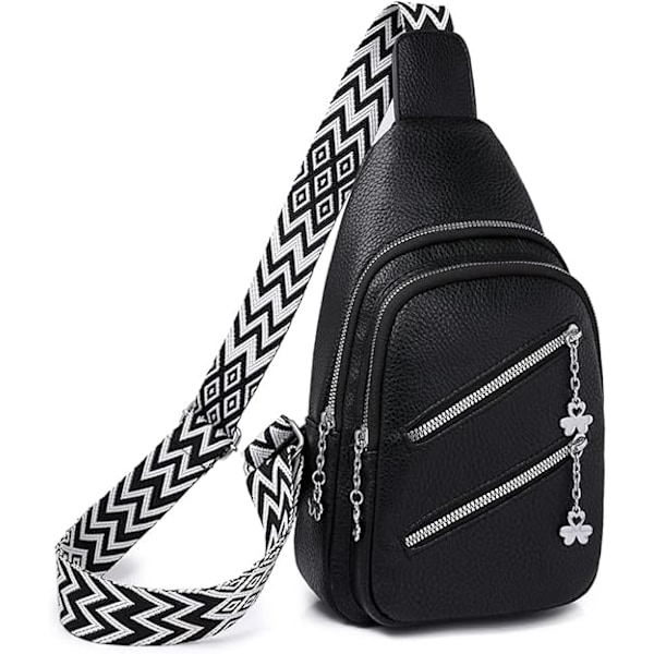 Mjukt läder casual dam crossbody väska bred axelrem sport PU läder axelväska dam bröstväska bröstväska multi fack midje bälte väska Black