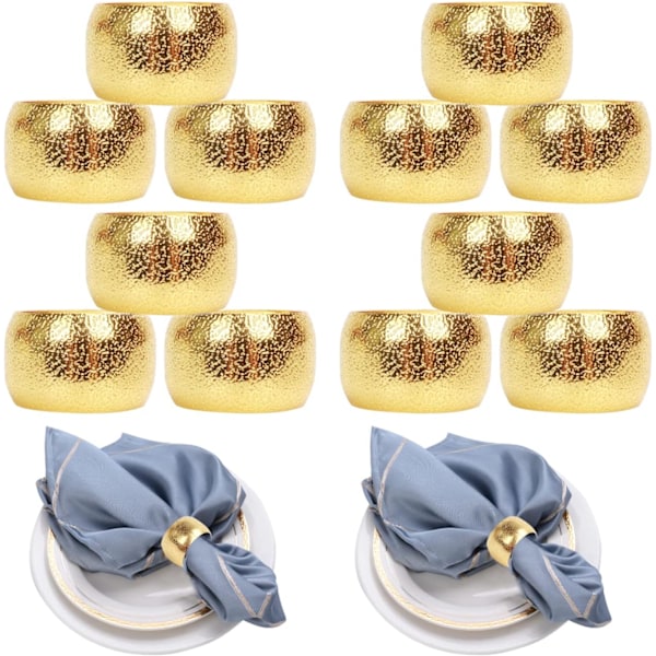 12 metallservettringar för bröllop, fester, jul, påskmiddag, servettlås, munservetter, cirkulära servetter, frostat guldmönster
