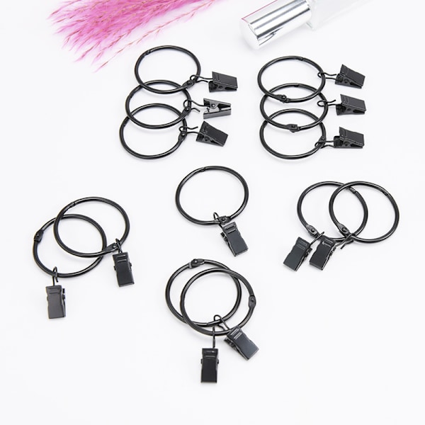 Gardinstångsringar i metall med klämmor, 20-pack, svart 38 mm Sort
