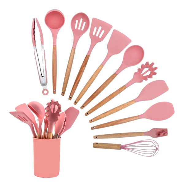 Silikonköksredskap 12-delar med trähandtag - Matlagning Pink