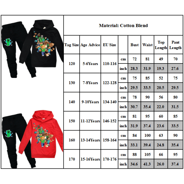 Minecraft Kids Hoodies Träningsoverall Set Huvtröja + Byxor Jumper Suit Red 150cm