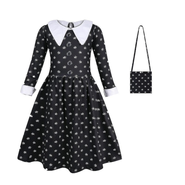 Wednesday Addams Cosplay Flickor Barnklänning Perukväska Festkostym Karneval Halloween Film Rollspel Fancy Dress Up Kläder Dress and Bag 9-10 Years