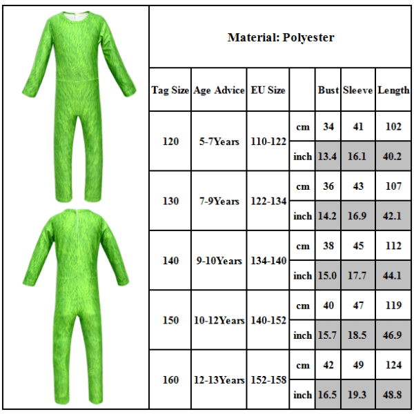 Christmas Grinch Costume Jumpsuit Hat Handskar Halloween Cosplay V green 140cm