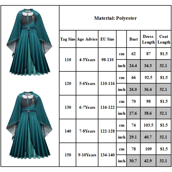 Princess Anna dress kjol - Kid Costume - tjej kjol - Prince green 120cm