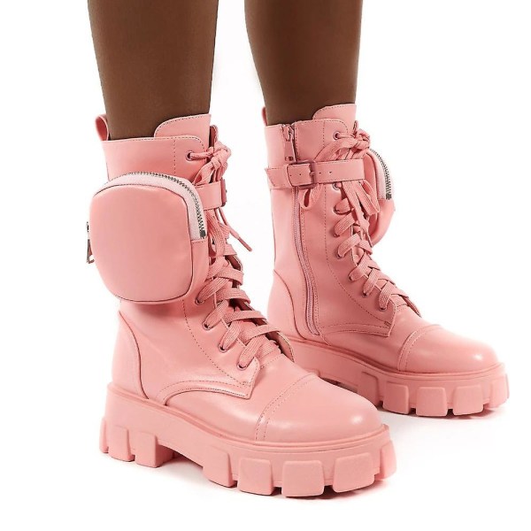 Kvinnliga Pocket Lace Up Boots Spänne Strap Chunky Pouch Ankel V Pink 43