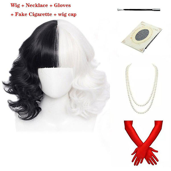 Cruella de Vil kort krøllet halv sort og halv hvit cosplay parykk