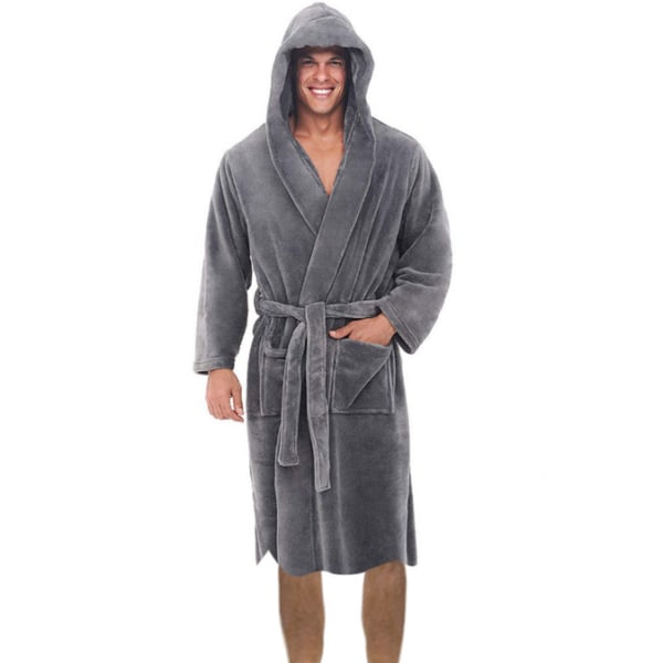 Herre fleece hætte plys lang badekåbe grey L