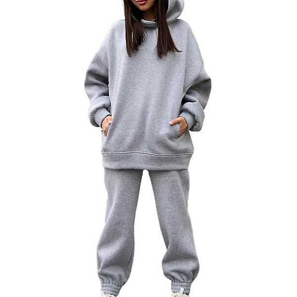 Løs treningsdresssett Fleece Genser Bukser Casual Sport Dress V Light Gray M