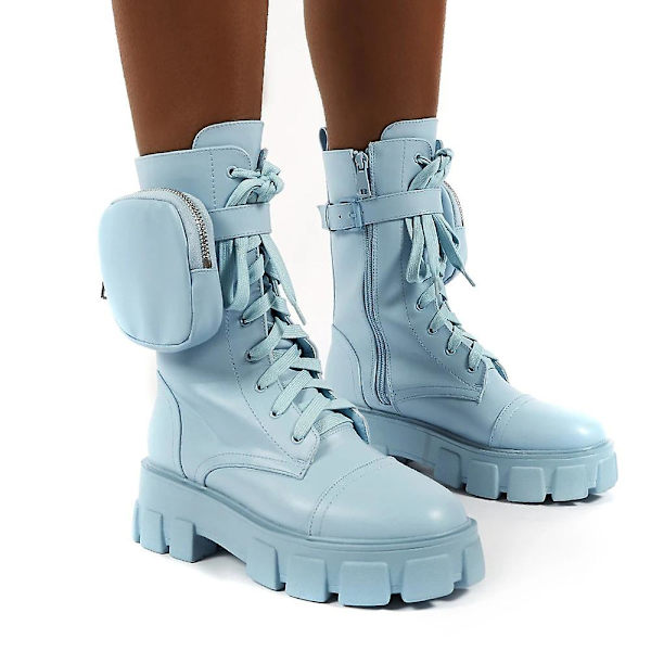 Naisten Pocket Lace Up Boots Solki Remmi Paksu Pussin Nilkka V Sky Blue 38