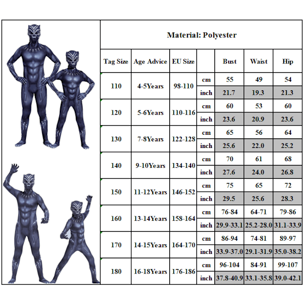 Black Panther Kid Cosplay Party Kostyme Superhelt Fancy Dress Up 4-5 Years