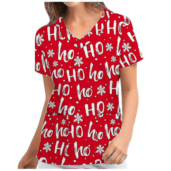 Jul Kvinner Ammeuniform Scrub Kortærmet T-skjorte Xmas Bluse Tee Topper V-hals Red M