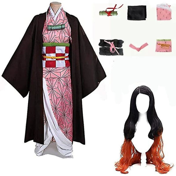 2023-demon Slayer -veljekset ja sisko Kamado Nezuko Cosplay -asuasu Kimono Anime -asu Peruukki-1 Nezuko and wig L