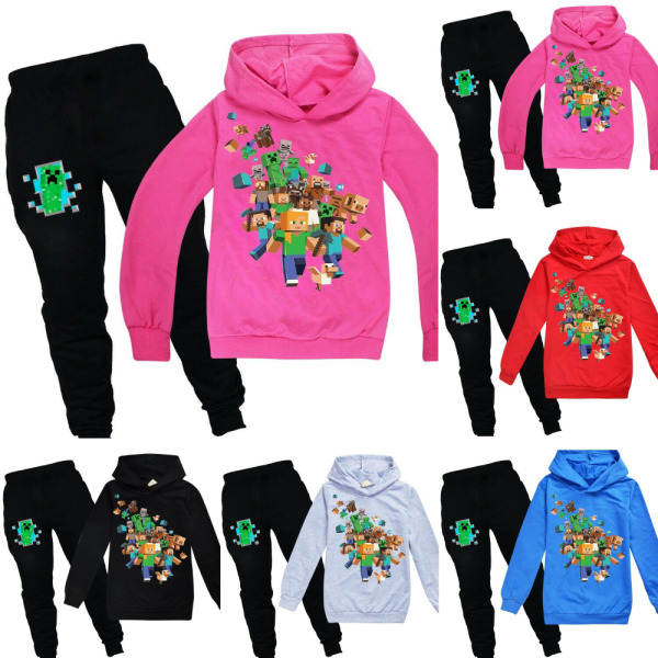 Minecraft Kids Hoodies Träningsoverall Set Huvtröja + Byxor Jumper Suit Blue 130cm