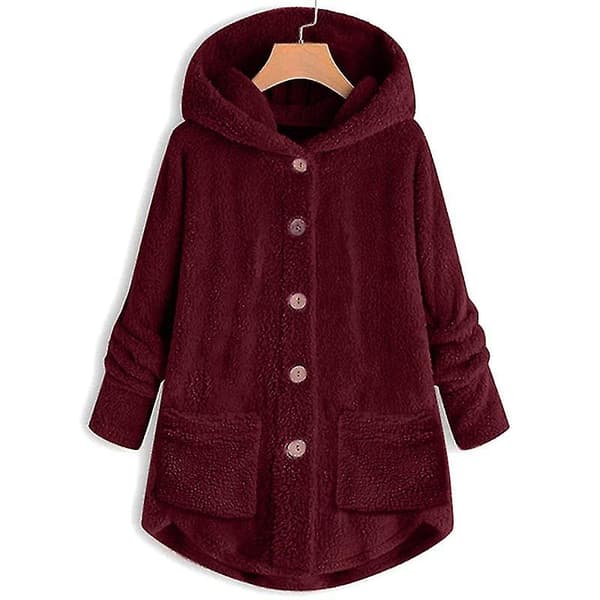 Teddybjörnsjacka med huva för kvinnor Solid W Wine Red M