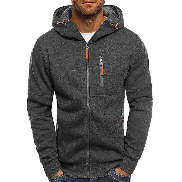 Män Zip Träningsjacka Gym Hooded ångärmad Sweatshirt Gym Top Höst Vinterkappa Dark Gray L