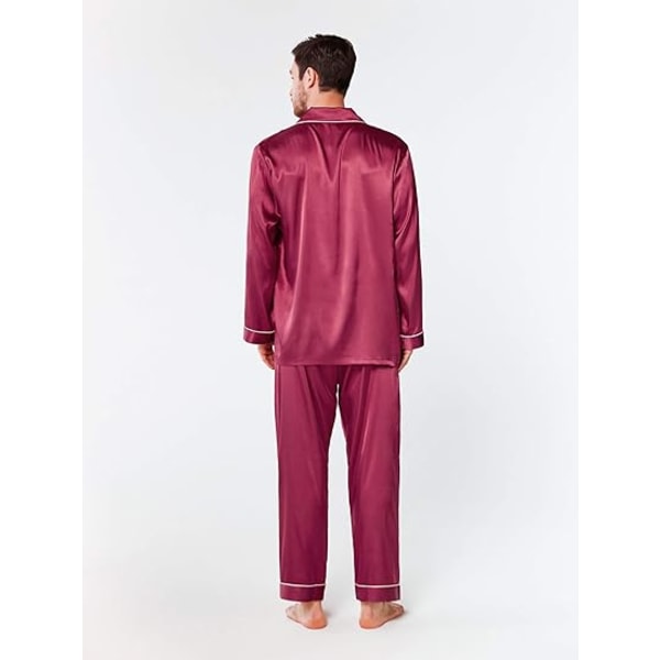 Pyjamasset för män i sidensatin, långärmad PJ set med knappar och sovkläder i fickor wine red xxl