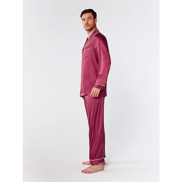 Pyjamasset för män i sidensatin, ångärmad PJ set med knappar och sovkäder i fickor wine red l