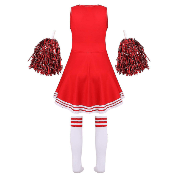 Barn Cheerleading Kostym Skolejenter Cheerleader Uniformer Cheer Dans Antrekk For Halloween Kjole Med Strømper Blomst D_y Red 5-6 Years