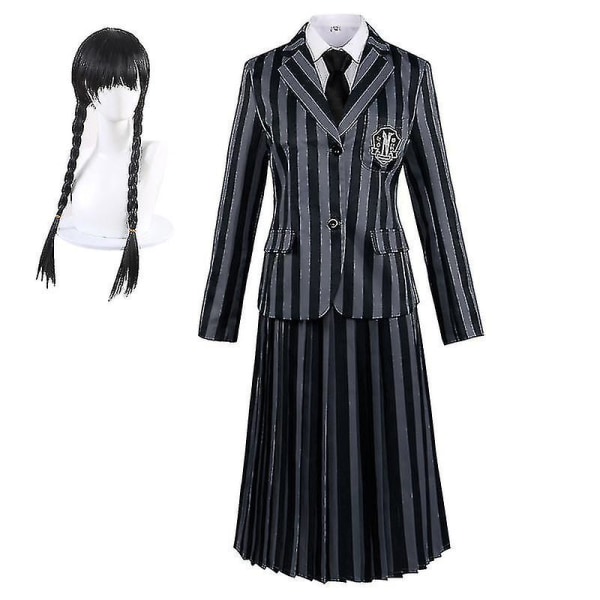 Piger Børn Onsdagsskole Uniform Kostume Med Paryk, Onsdagskjole Cosplay Kostume Karneval Fest Klæd Dig Ud Outfit V 130