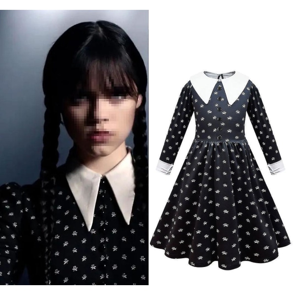 Girls Cosplay Onsdagsdansklänning Kostume med Paryk W Dress 130cm