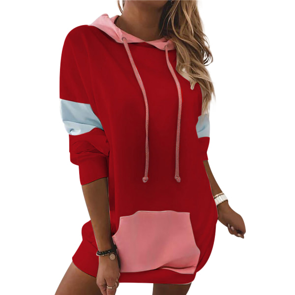 Kvinde Hættetrøje Lommekjole Langærmet Løs Pullover V Red XL