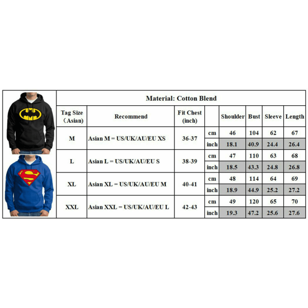 Herre langærmet blå Superman/Batman Hoodie Sweatshirt Jakke W Black XL