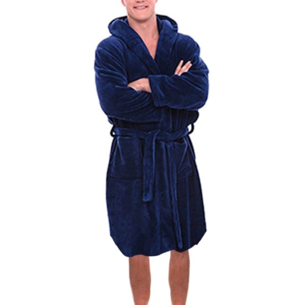 Herre fleece hette plysj lang badekåpe blue L