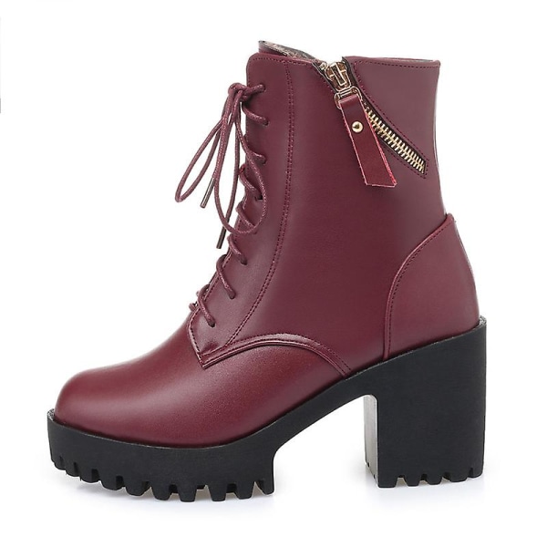 Äkta läder naturlig ull varma stövlar för kvinnor Wine Red 42