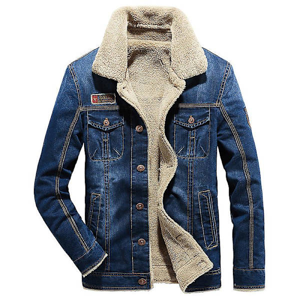Män Vinter jeansjacka Slim Fit Fleece Casual Coat Lapel Tjock Varma ytterkläder Blue XL