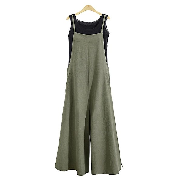 Afslappet løs jumpsuit til kvinder - sommer, ensfarvet bomuldslinned, stropper, brede ben, dungaree-overalls, ærmeløs, oversized jumpsuit Green M