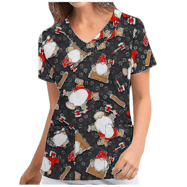 Jul Kvinner Ammeuniform Skrubb Kortærmet T-skjorte Xmas Bluse Tee Topper V-ringet Black M