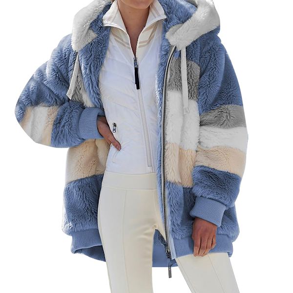 Damejakke Vinter varm hættetrøje Colorblock Plysjakke Blue xl