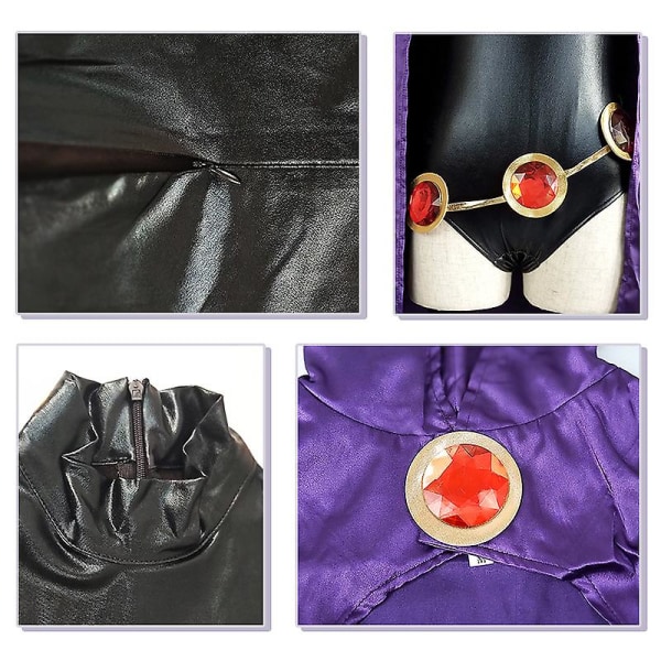 Teen Titans Raven Cosplay kostym Superhjältemantel Jumpsuits Zentai Halloween tighta kläder + Cape + midja smyckekedja V XXL