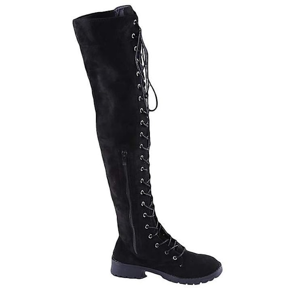 Snørestøvler Over Knee Boots Dame Låg Hæl Boots Vinter Flock Knæhøje Flats Sko 42