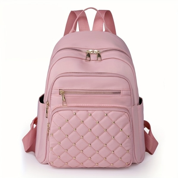 Avslappnad enfärgad ryggsäck, quiltad nitar dekor ryggsäck, dragkedja damresväska pink