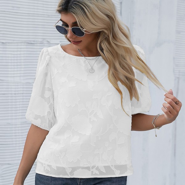 Bubble Sleeve chiffong løs topp Skjorte med blommig tekstur（hvit） V M