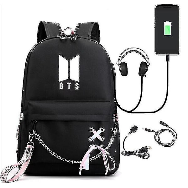 Bts Rygsæk Skole rygsæk til mandlige og kvindelige studerende Ekstern USB/hovedtelefonsport Black 8