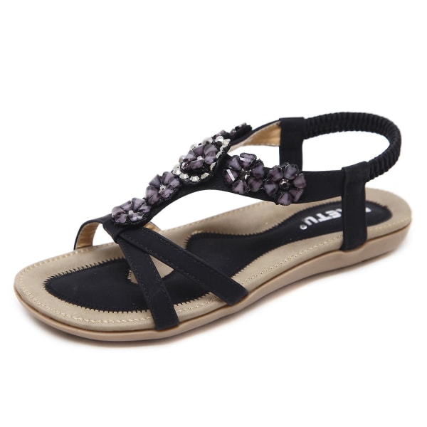 Womens Summer Sandaler Bohemian Flower Rhinestone Large Size Flat Shoes Beach Sandals Black EU 36
