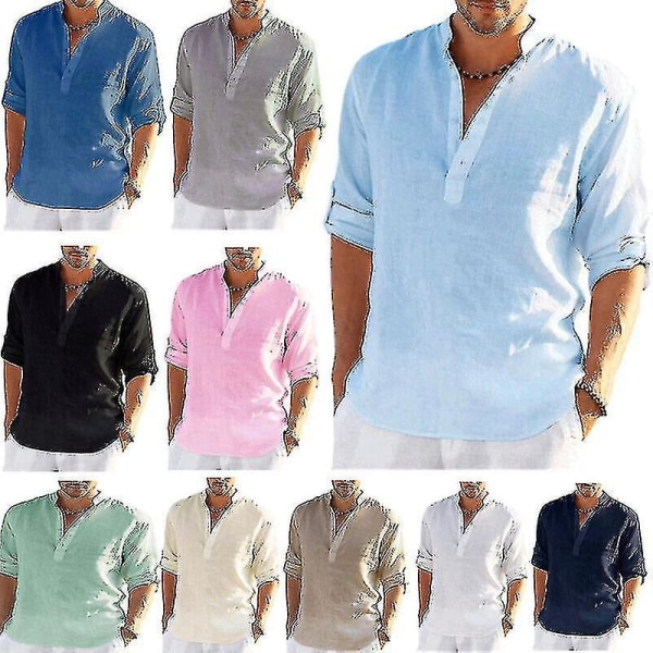 Herr linne långärmade skjortor Solid ös Casual Shirt Blus Top Bomull Sommar Sky blue L