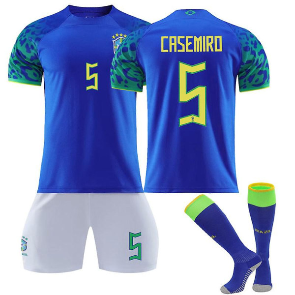 VM 2022-2023 Brasilien Borta Barn Vuxen Blå tröja Set med strumpor - CASEMIRO  5 Kids 28(150-160CM)