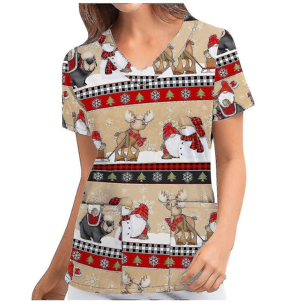 Jul Kvinner Ammeuniform Scrub Kortærmet T-skjorte Xmas Bluse Tee Topper V-hals Brown 2XL