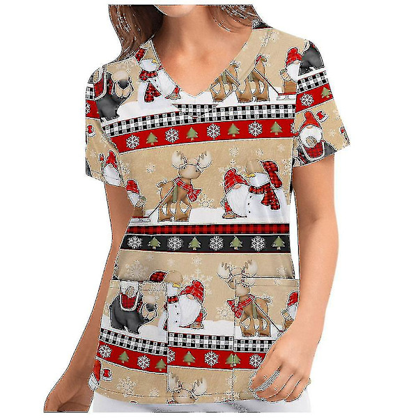 Jul Kvinner Ammeuniform Skrubb Kortærmet T-skjorte Xmas Bluse Tee Topper V-ringet Brown M