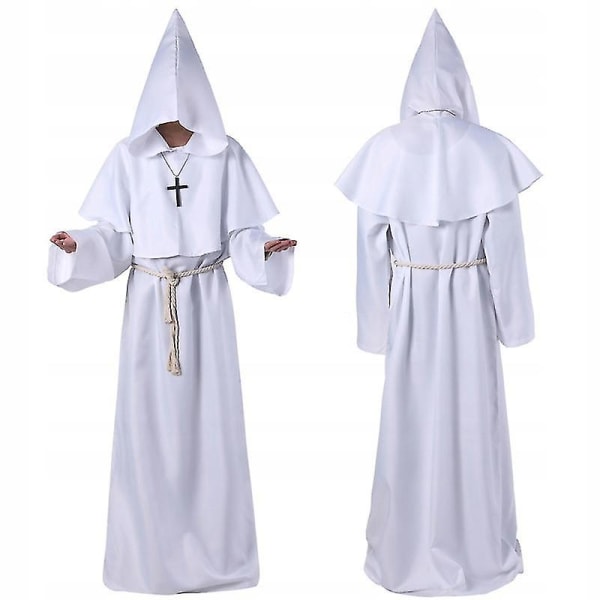 Trollkarl Kostym Medeltida Hooded Robe Priest Outfit W White L