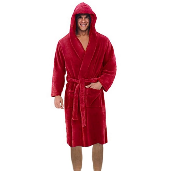 Herre fleece hætte plys lang badekåbe red L