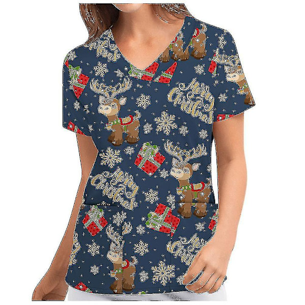 Jul Kvinner Ammeuniform Scrub Kortærmet T-skjorte Xmas Bluse Tee Topper V-ringet Dark Blue M
