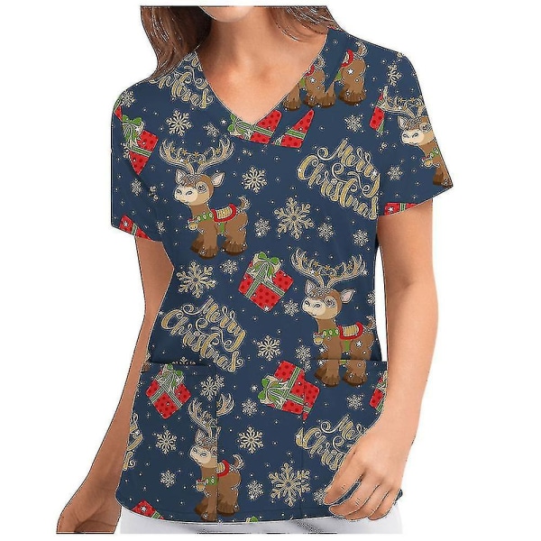 Jul Kvinner Ammeuniform Skrubb Kortærmet T-skjorte Xmas Bluse Tee Topper V-ringet Dark Blue XL