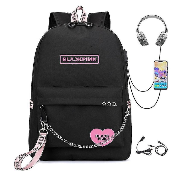 Blackpink Ryggsekk USB Oppladbar Ryggsekk Student Skoleveske V